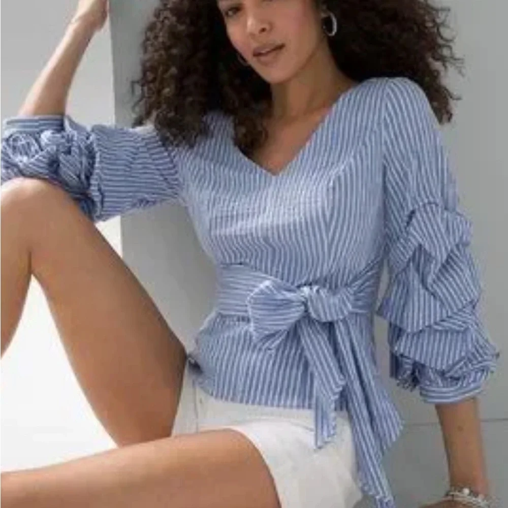 NWT! White House Black Market Seersucker Wrap Blouse - Picture 2 of 7